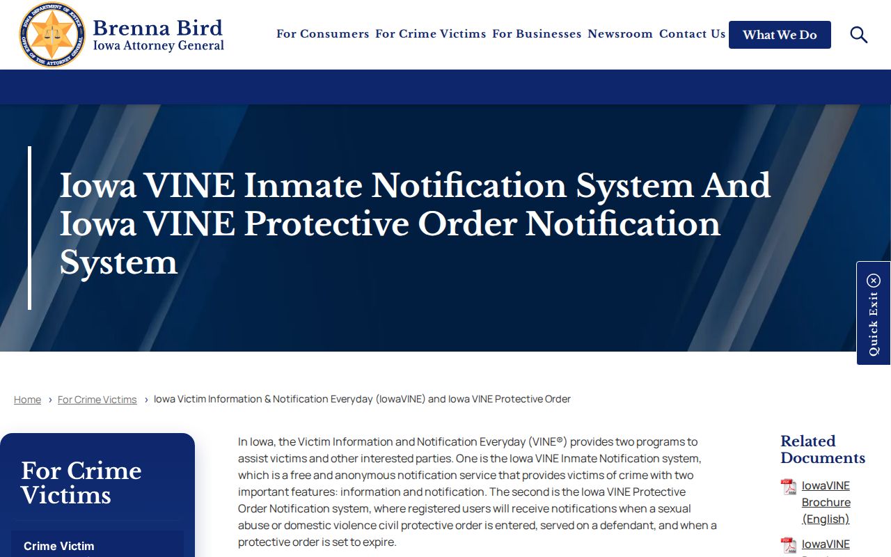 Iowa Attorney General IowaVINE instructions and notification information