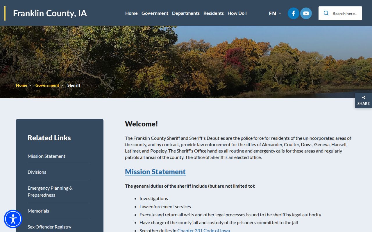 Franklin County official sheriff webpage used to begin an arrest and custody inquiry
