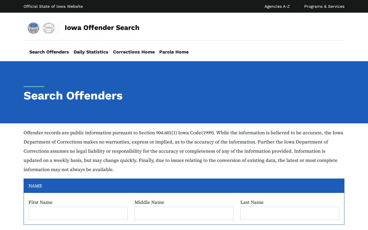 Iowa Department of Corrections official offender search interface