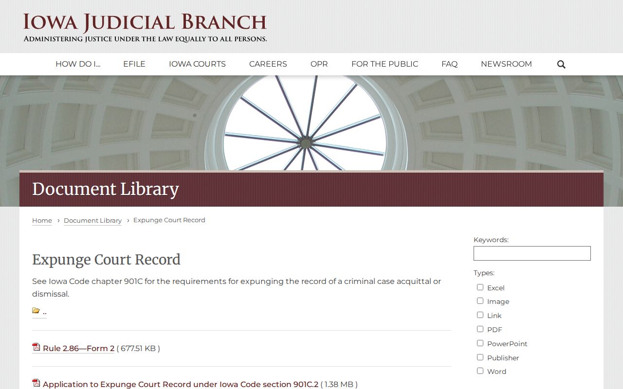 Iowa Judicial Branch expungement forms and court resource page